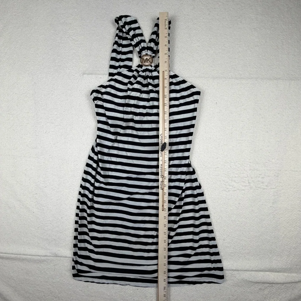 Michael Kors Black White Striped Halter Swim Dress Gold MK Logo Small CA17634